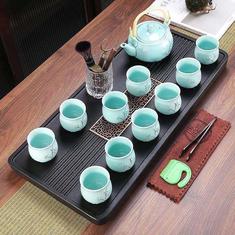 乌金石头茶盘描金提梁壶茶具套装家用简约茶壶杯茶台现代客厅