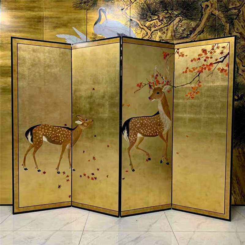 金箔屏风手绘双福鹿漆画中式待客厅办公室茶室背景隔断可移动折叠
