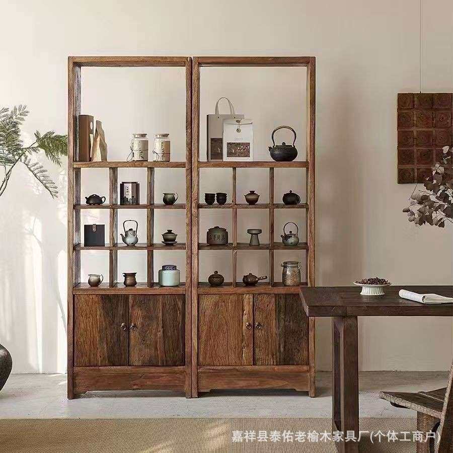 新中式客厅实木多宝阁储物架榆木分格茶具展示架老榆木书柜博古架