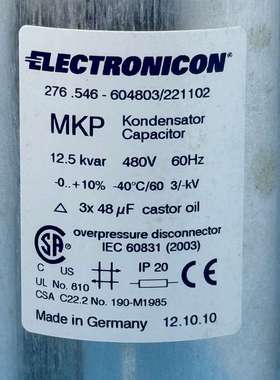 德国 ELECTRONICON 276.546-604803/221102 12.5KVAR 480V 3*48UF