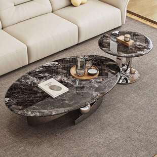 布雷尔意式轻奢茶几组合客厅小户型天然微晶石椭圆形茶几创意茶桌