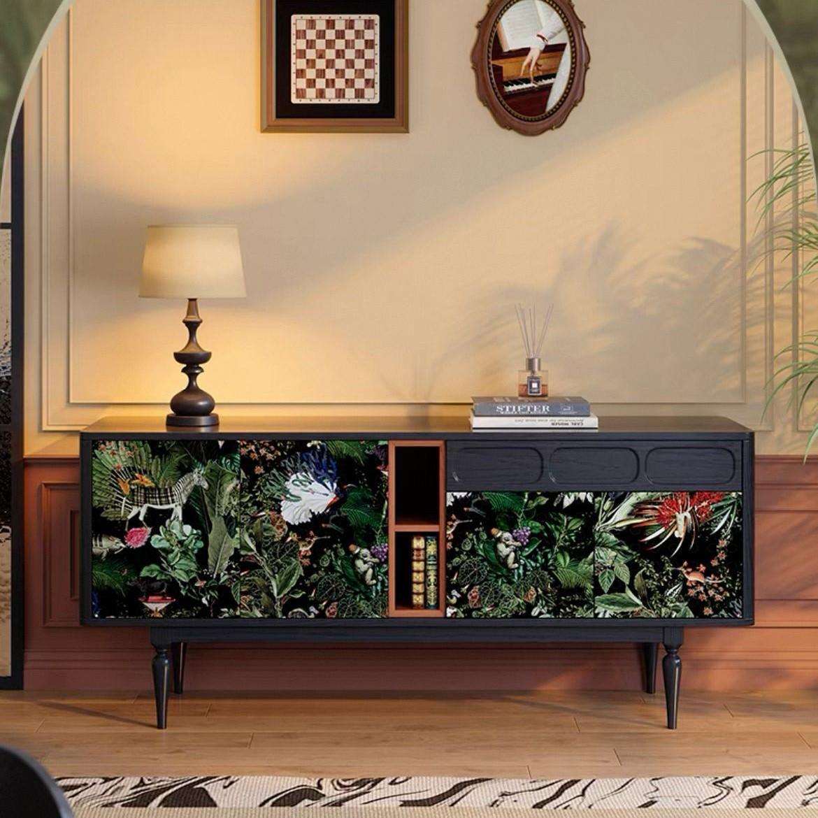 法式复古客厅餐边柜入户玄关柜设计师款收纳储物柜中古风双色边柜