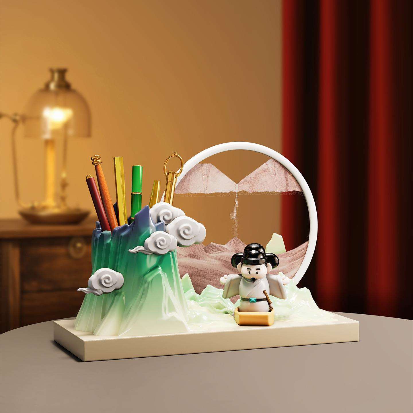 中国风李白文创笔筒流沙画摆件办公室桌面装饰品送老师纪念品