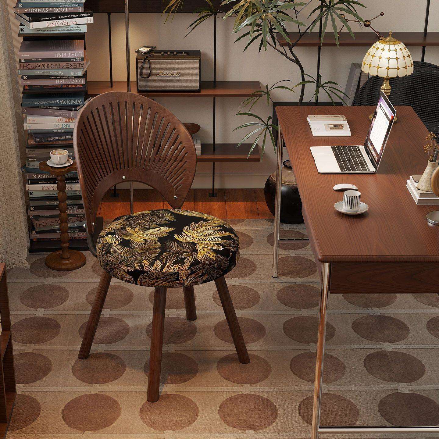 中古风实木梳妆凳卧室可旋转化妆椅小户型家用复古贝壳家用电脑椅