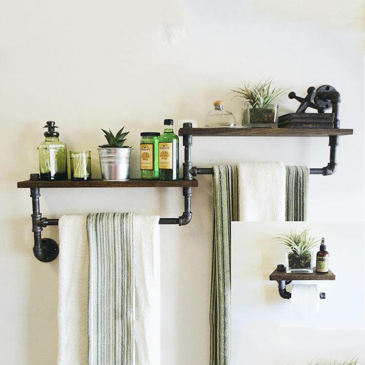 美式复古卫生间铁艺水管壁挂毛巾架 洗手间浴室搁板置物纸巾架