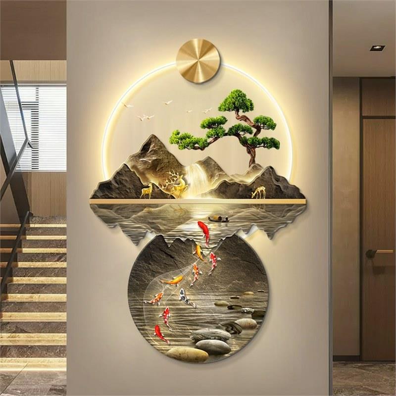 流水生财新中式玄关装饰画入户正对门壁画灯走廊过道山水高端挂画