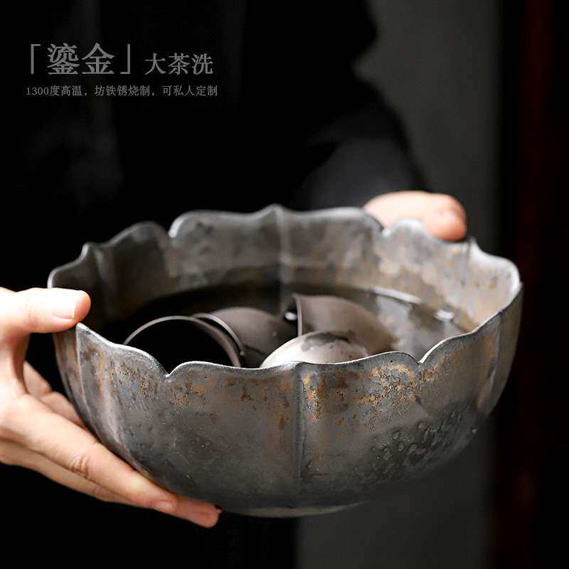 复古陶瓷茶洗茶室仿古做旧鎏金茶渣盆中式粗陶杯洗笔洗水洗废水缸