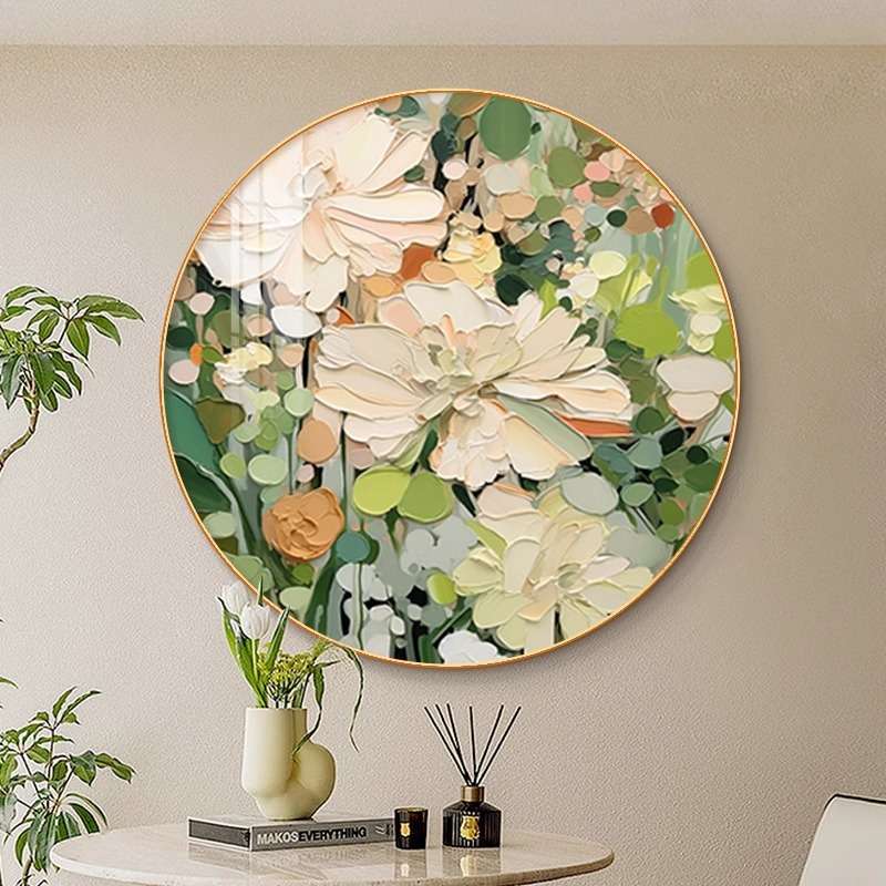 大芬油画村圆形入户玄关装饰画客厅壁画奶油风高级花卉肌理感挂画图片