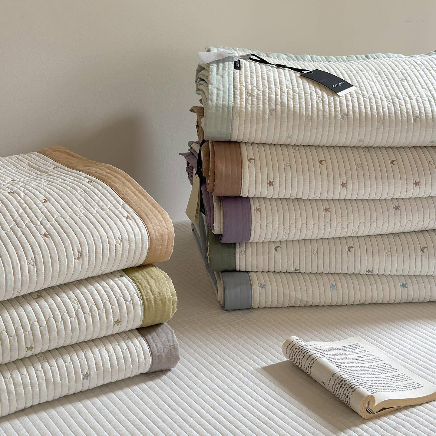 韩式双面全棉床盖三件套绗缝夹棉星星刺绣四季加厚床单榻榻米炕盖