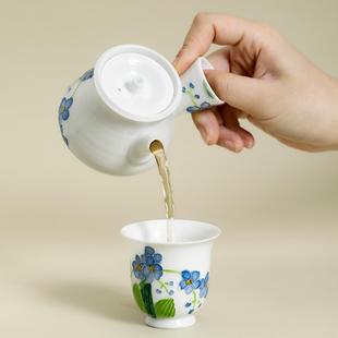 白瓷手绘勿忘草侧把茶壶单壶家用陶瓷泡茶器个人专用一壶一杯单壶