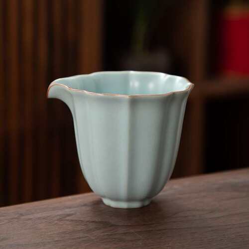 德化陶瓷【公道杯】220ml/花瓣茶海/精工汝窑/天青色/可养开片 大