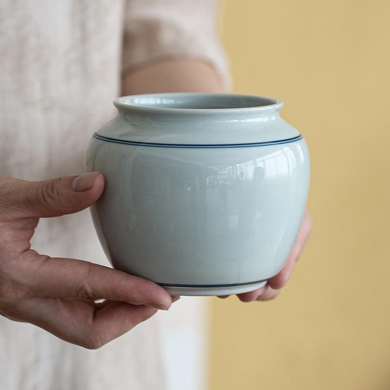 仿古青釉建水茶洗水孟杯洗陶瓷新中式双线杯洗茶渣缸茶水桶配件