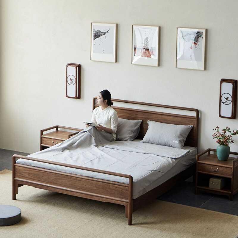 新中式北美黑胡桃全实木双人床现代家装主卧1.8床民宿2米大床