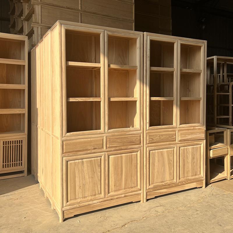 新中式书柜北方老榆木储物柜书房实木柜子靠墙卧室书架工厂