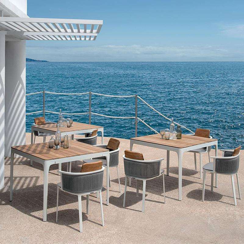 北欧户外不锈钢藤编绳椅子室外露天阳台庭院柚木休闲桌椅组合家具