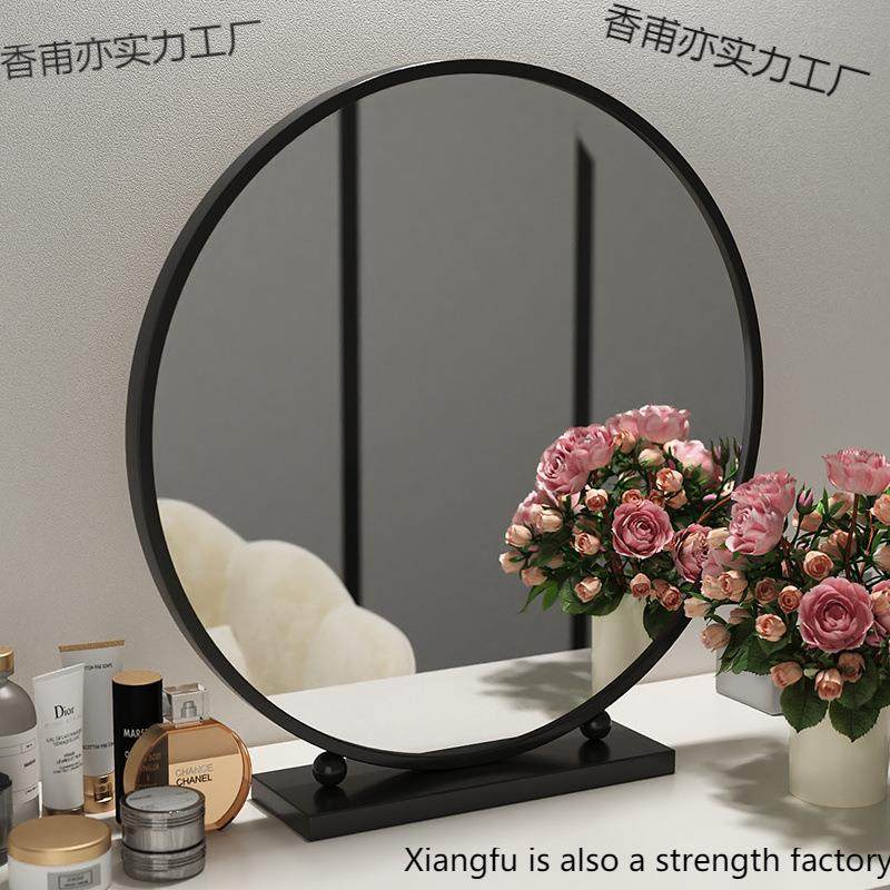 镜子梳妆台圆形轻奢大智能台式梳妆镜高级桌面化妆镜铁艺卧室