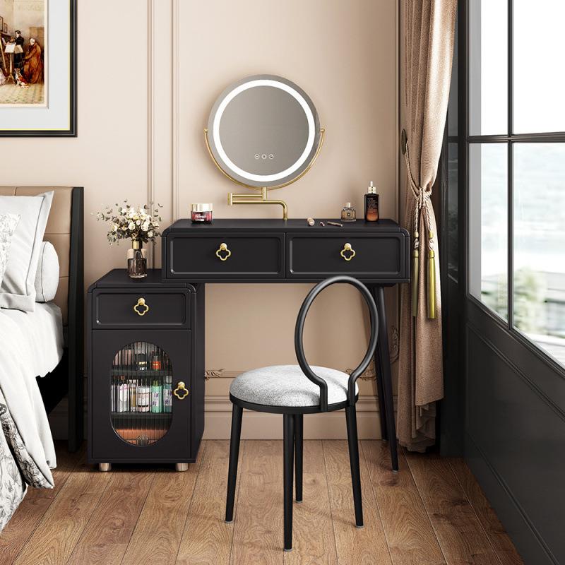 千语法式复古梳妆台小户型卧室轻奢黑色伸缩床头柜化妆桌斗柜一体