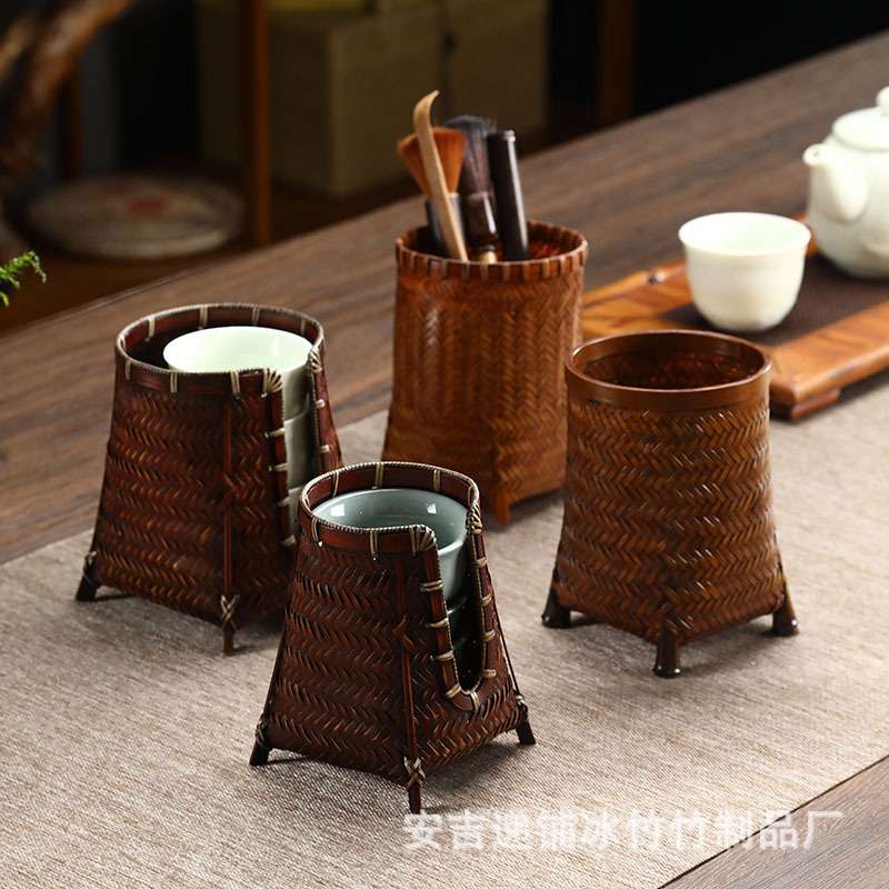 复古竹编杯笼茶杯收纳筒茶具茶道配件品茗杯收纳筒筷子篓竹制笔筒