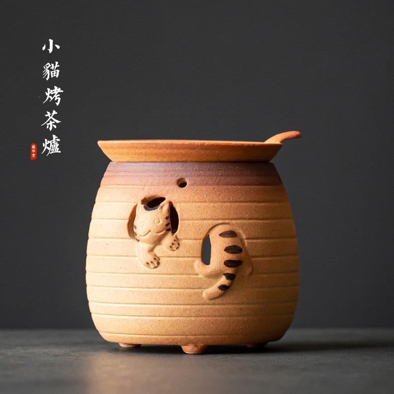 日式粗陶小猫烤茶炉 陶瓷焙茶炉醒茶器提香暖茶台蜡烛加热底座