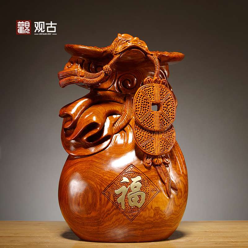 花梨木雕刻福袋铜钱摆件蝙蝠纳福家居客厅玄关酒柜装饰工艺品送礼