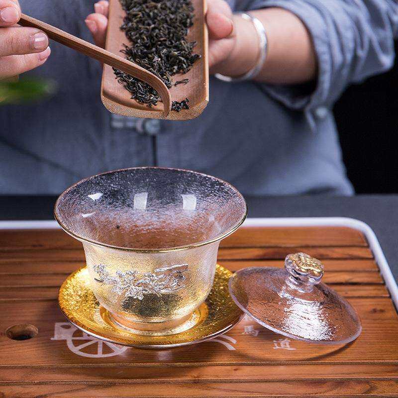 耐纯锡加厚描金梅花琉璃三才盖碗茶杯子透明玻璃加厚加热沏茶盖碗