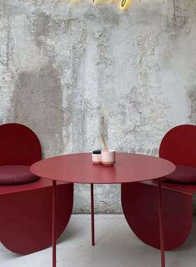 户外咖啡厅烘焙店奶茶外摆餐饮红色半圆铁艺复古工业风桌椅套装