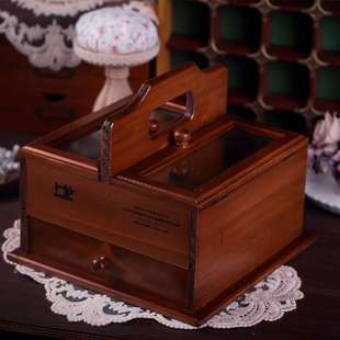 手提抽屉式实木针线盒分隔收纳盒带盖十字绣手工手作材料储物盒