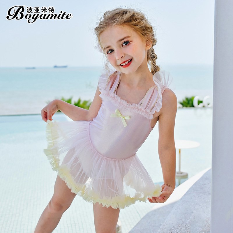 女童飞袖泳衣夏季2023新款儿z童洋气公主泳装小女孩连体网纱游泳