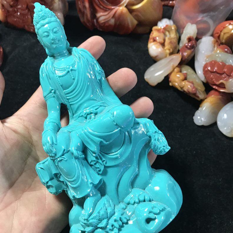 保平安观音商铺家居旺财仿玉石摆件绿松石玉福精雕菩萨摆件送