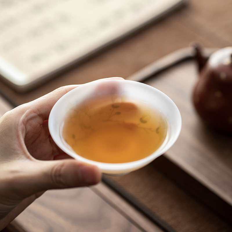 白皙玉泥手绘主人杯白瓷蝴蝶花卉斗笠杯薄胎茶杯家用办公室品茗杯