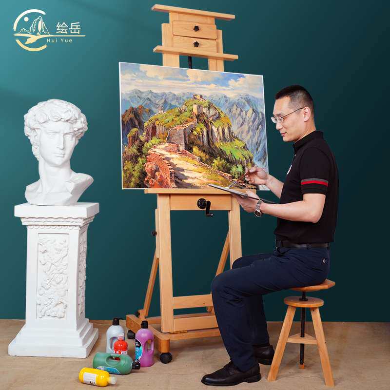 绘岳榉木油画架单手摇画架双摇杆可升降前倾落地画架实木质成人架