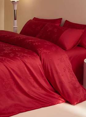 轻奢中式长绒棉红色提花结婚陪嫁四件套婚房婚庆床单婚嫁床品