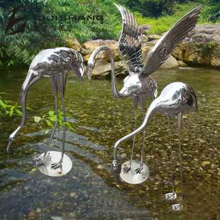 镜面不锈钢仙鹤雕塑 酒店售楼处水池草坪火烈鸟仿真动物 仙鹤雕塑
