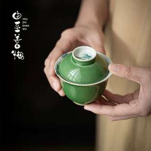 松花绿君安盖碗手绘南竹子盖碗文人雅玩茶碗二才盖碗高温茶具