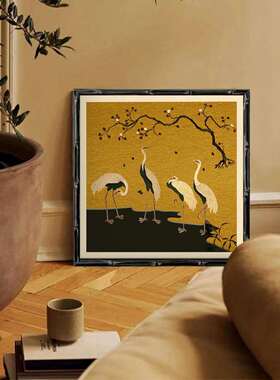 新中式黑色实木竹节框中古仙鹤复古小众客厅背景艺术中国风装饰画