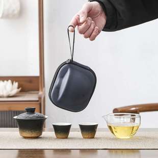 粗陶陶瓷旅行茶具一壶两杯便携式户外随身露营喝茶旅游玻璃快客杯
