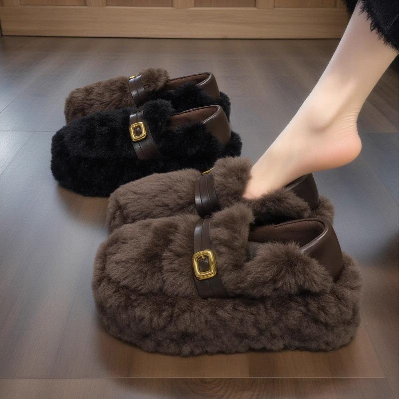 两穿毛毛鞋女2025新款冬季皮带扣厚底加绒保暖孕妇豆豆一脚蹬棉鞋