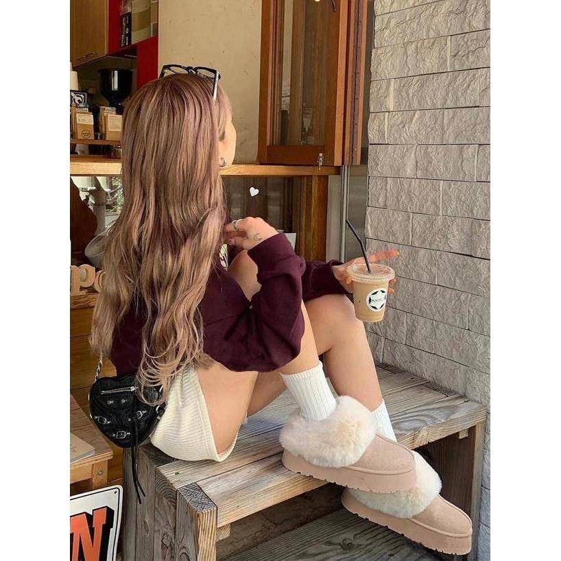 御寒保暖 多次返单！日系grl甜美可爱翻边毛毛厚底雪地靴防滑棉鞋