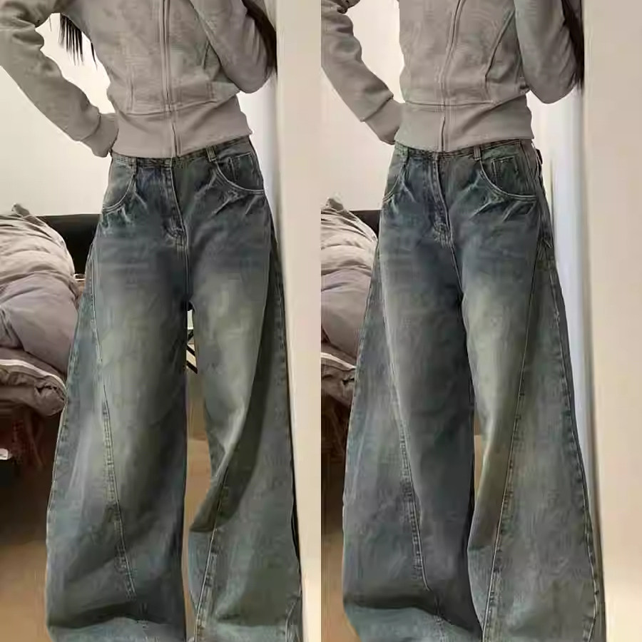 美式复古做旧弯刀牛仔裤男女设计感显瘦阔腿裤宽松镰刀拖地长裤子,女装/女士精品,牛仔裤,淘宝优惠券,粉丝福利购,淘宝优惠卷