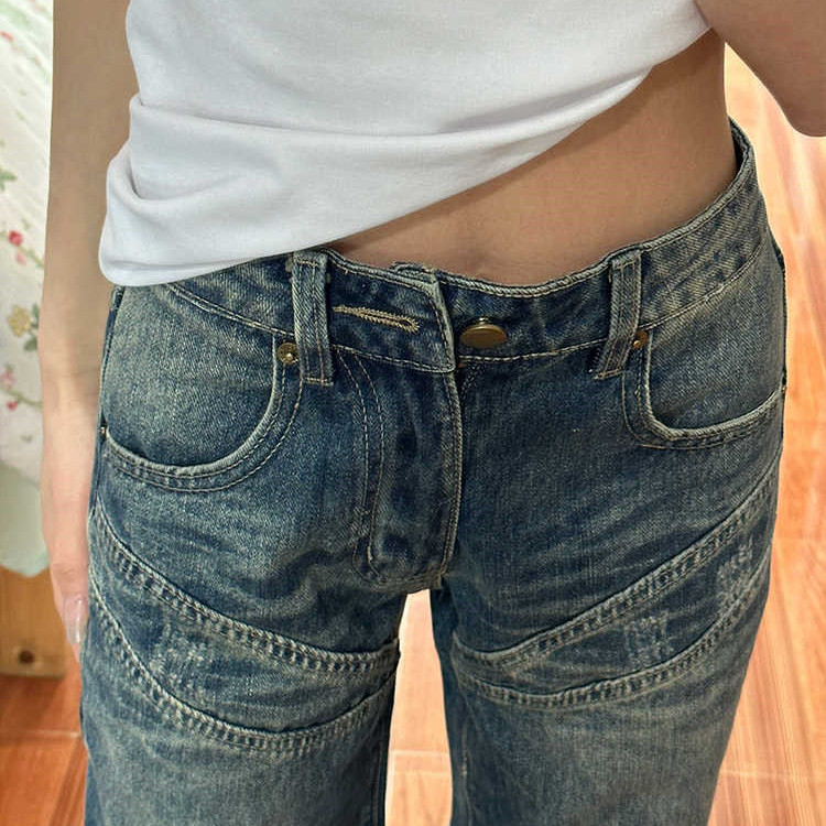 美式复古辣妹风直筒牛仔裤女夏秋季新款设计感低腰显瘦微喇阔腿裤