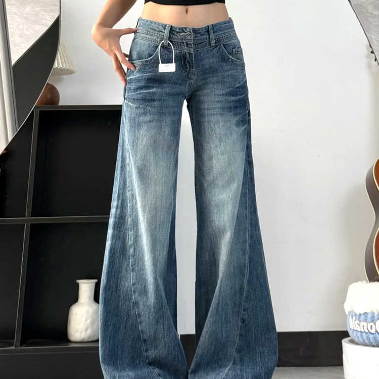 美式辣妹低腰微喇牛仔裤女2025秋季新款不贴腿复古喇叭阔腿拖地裤