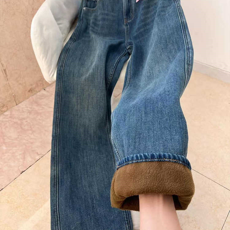 复古蓝秋冬加绒直筒牛仔裤女美式高腰宽松显瘦垂感百搭窄版阔腿裤