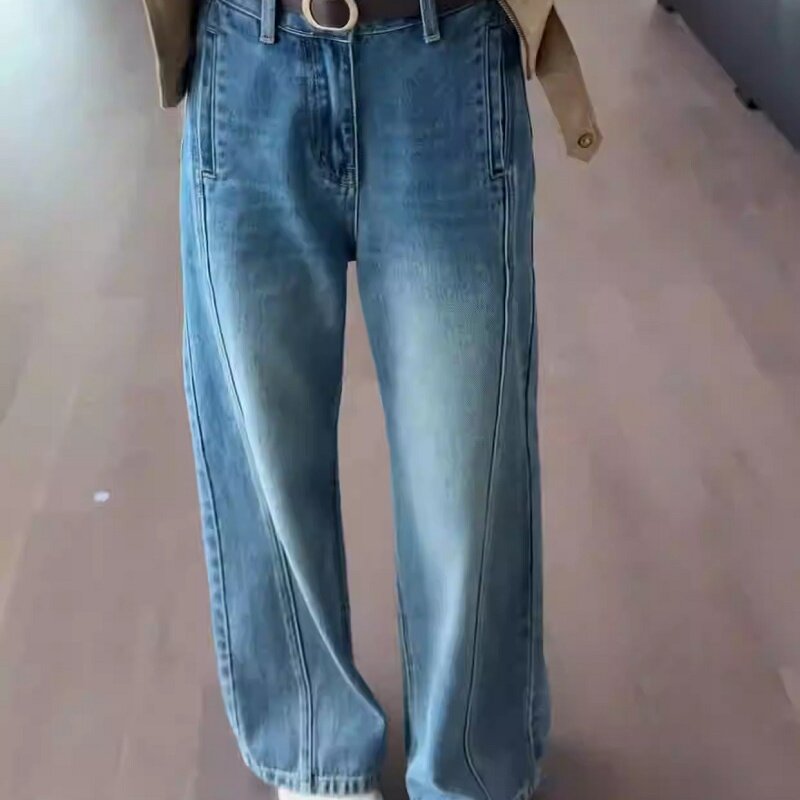 蓝色窄版阔腿牛仔裤女秋季新款大码显瘦高腰小个子宽松拖地直筒裤