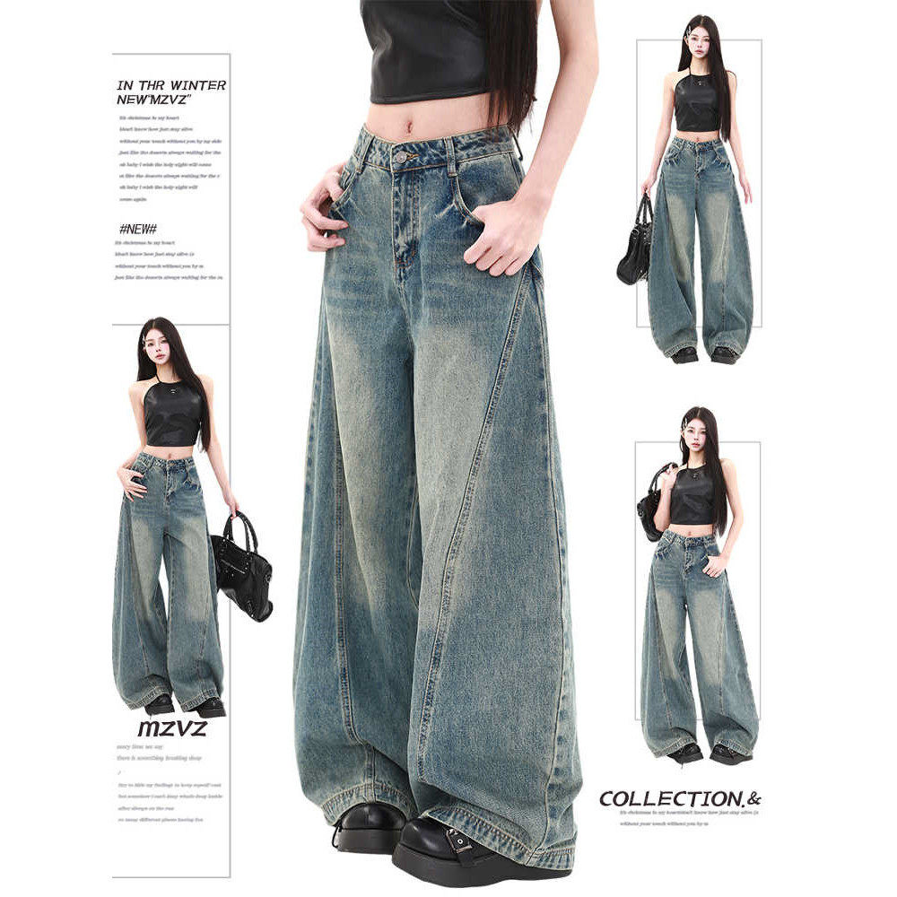 美式复古裂纹弯刀牛仔裤女夏秋季2025新款宽松直筒阔腿镰刀长裤子