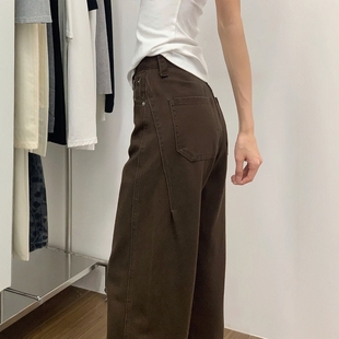 梨形身材鐮刀褲 棕色褲 寬松直筒闊腿牛仔褲 顯瘦彎刀褲 子女秋季 新款