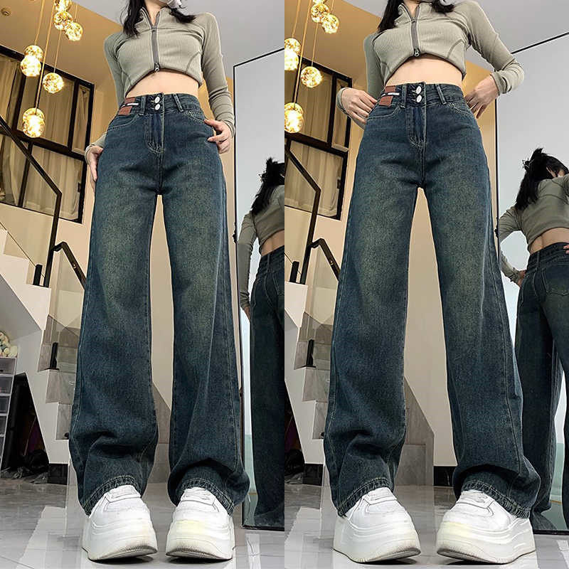 水泥灰阔腿牛仔裤女秋冬季新款高腰宽松显瘦百搭窄版垂坠感直筒裤
