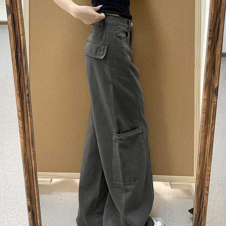 灰色阔腿牛仔工装裤女秋季新款宽松大码胖mm显瘦梨形身材直筒裤子