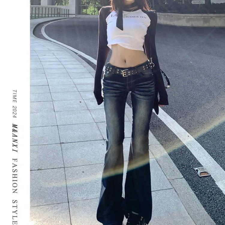 美式怀旧低腰辣妹微喇叭牛仔裤女2025新款百搭弹力修身显瘦马蹄裤