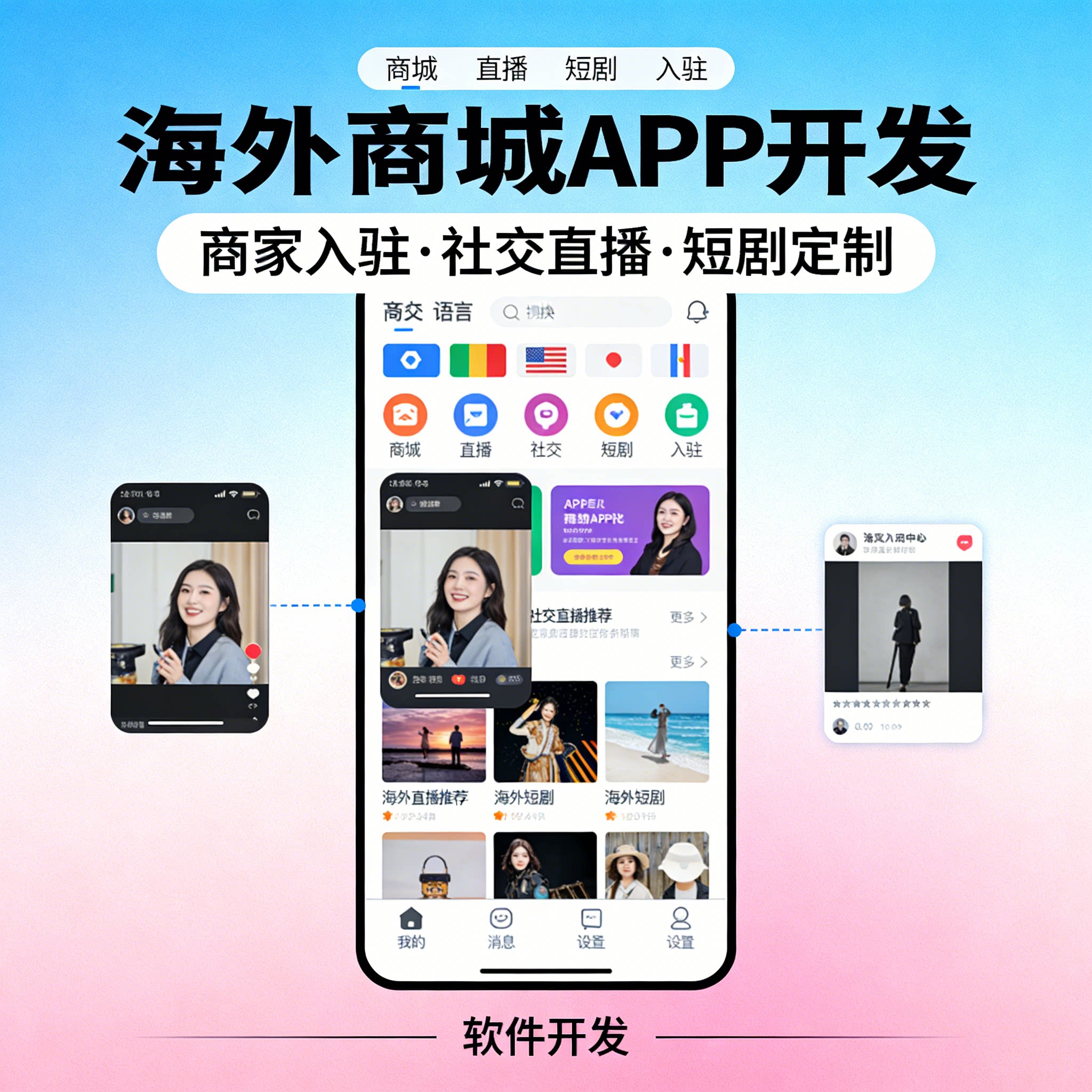 海外商城 APP开发 商家入驻 多国语言 社交直播 海外短剧 APP定制