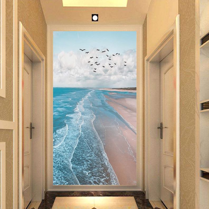 壁画装饰画风景玄关壁纸过道现代简约d8时尚竖版墙纸入户海滩走廊图片